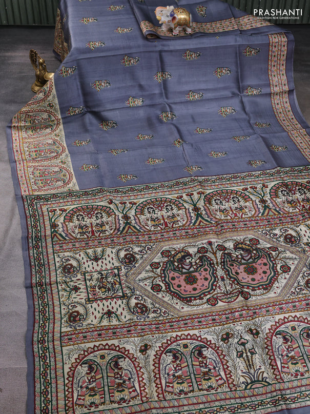 Madhubani printed silk saree grey and beige with butta prints and madhubani printed border