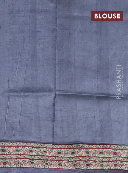 Madhubani printed silk saree grey and beige with butta prints and madhubani printed border