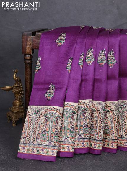 Madhubani printed silk saree purple and beige with butta prints and madhubani printed border