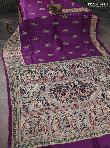 Madhubani printed silk saree purple and beige with butta prints and madhubani printed border