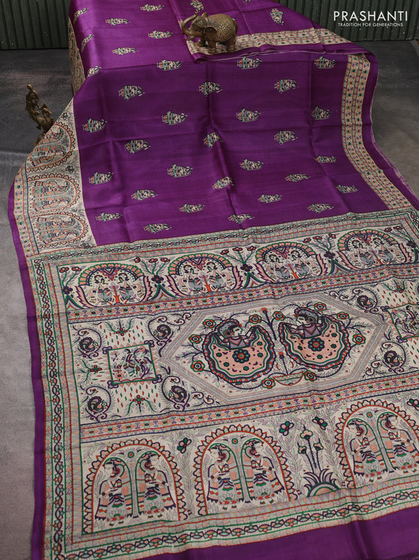 Madhubani printed silk saree purple and beige with butta prints and madhubani printed border