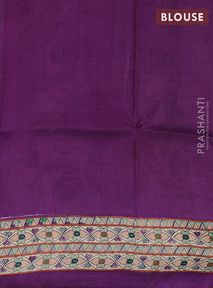 Madhubani printed silk saree purple and beige with butta prints and madhubani printed border