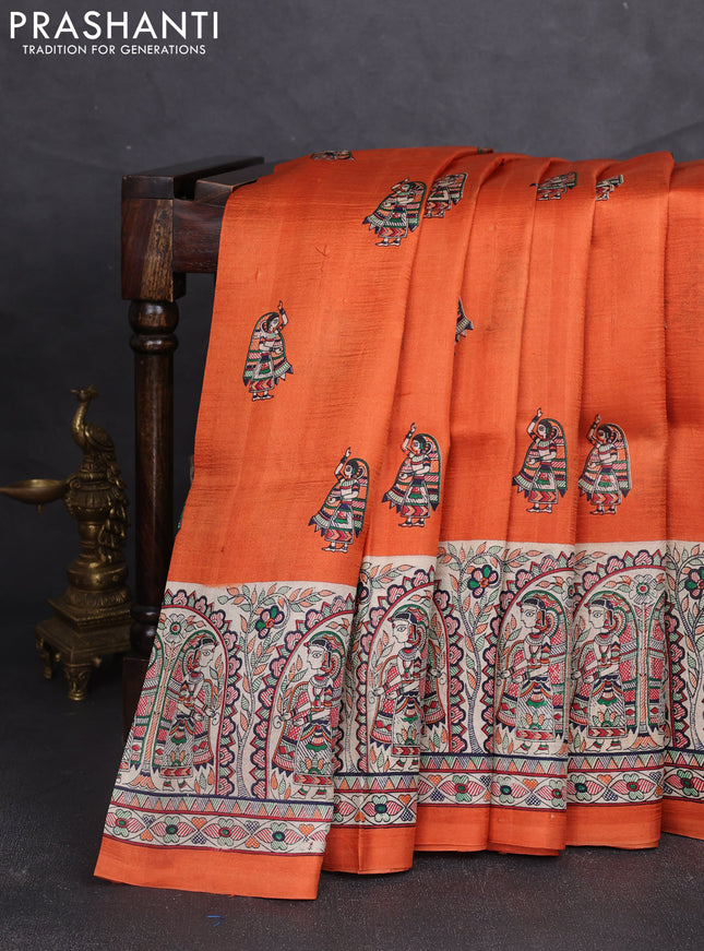 Madhubani printed silk saree orange and beige with butta prints and madhubani printed border