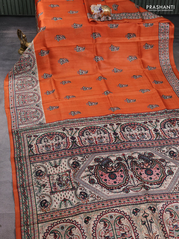 Madhubani printed silk saree orange and beige with butta prints and madhubani printed border