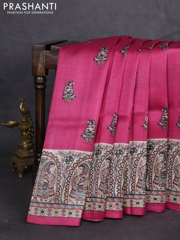 Madhubani printed silk saree dark pink and beige with butta prints and madhubani printed border