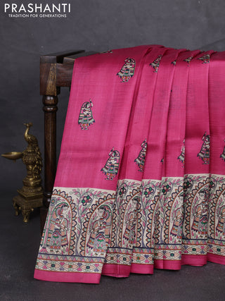 Madhubani printed silk saree dark pink and beige with butta prints and madhubani printed border