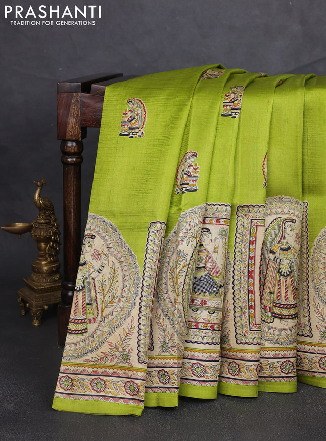 Madhubani printed silk saree light green and beige with butta prints and madhubani printed border