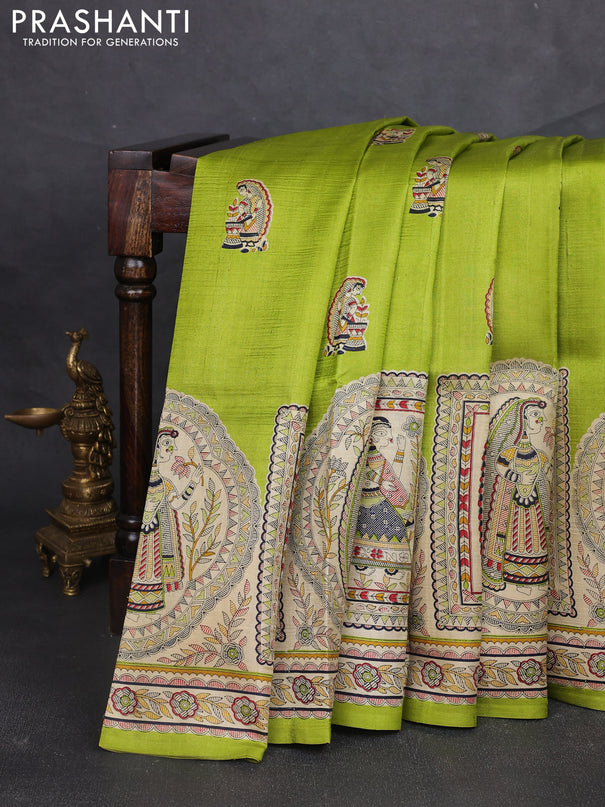 Madhubani printed silk saree light green and beige with butta prints and madhubani printed border