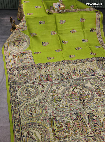 Madhubani printed silk saree light green and beige with butta prints and madhubani printed border