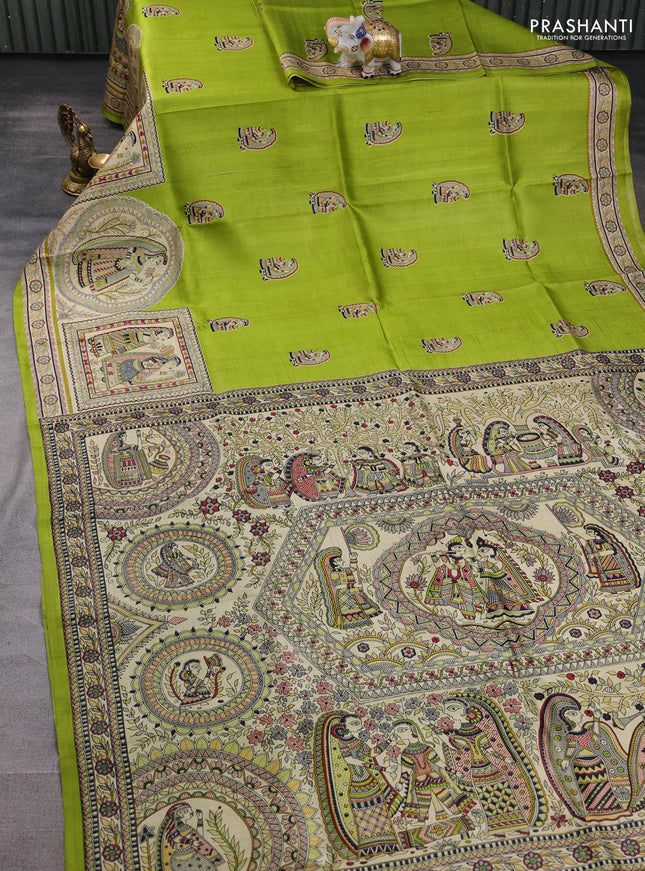 Madhubani printed silk saree light green and beige with butta prints and madhubani printed border