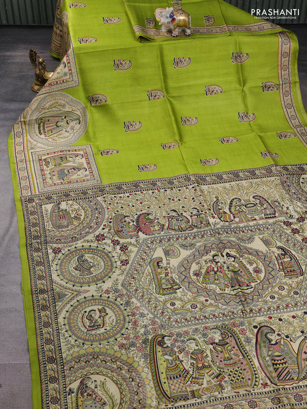 Madhubani printed silk saree light green and beige with butta prints and madhubani printed border
