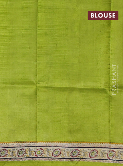 Madhubani printed silk saree light green and beige with butta prints and madhubani printed border