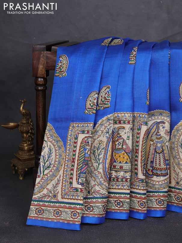 Madhubani printed silk saree blue and beige with butta prints and madhubani printed border