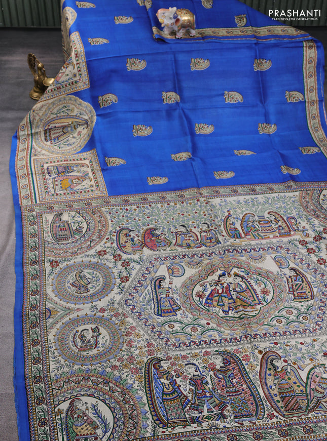 Madhubani printed silk saree blue and beige with butta prints and madhubani printed border