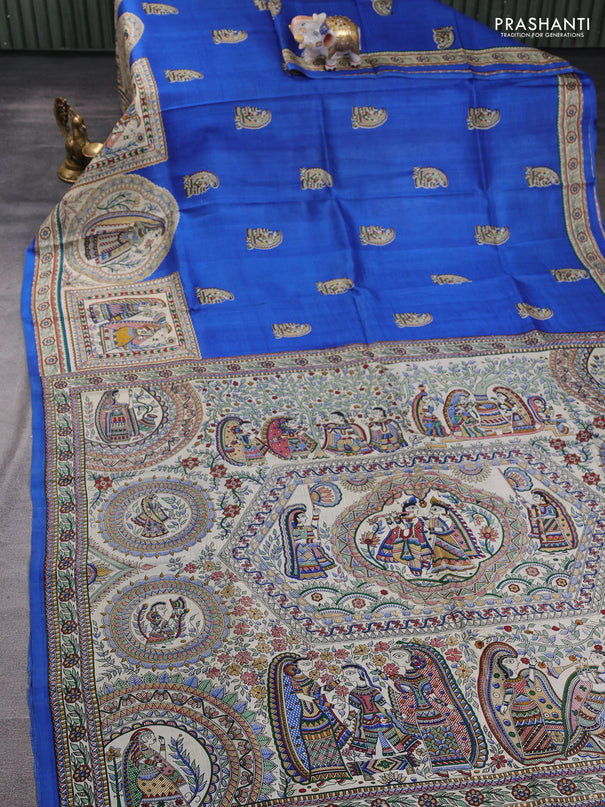 Madhubani printed silk saree blue and beige with butta prints and madhubani printed border