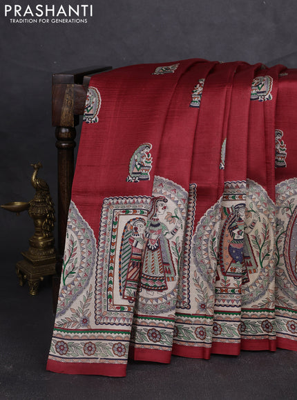 Madhubani printed silk saree maroon and beige with butta prints and madhubani printed border