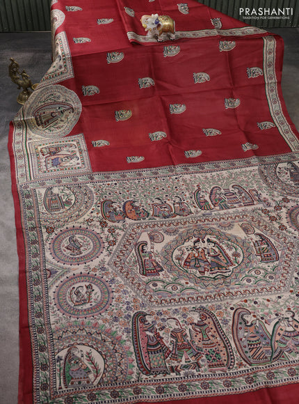 Madhubani printed silk saree maroon and beige with butta prints and madhubani printed border