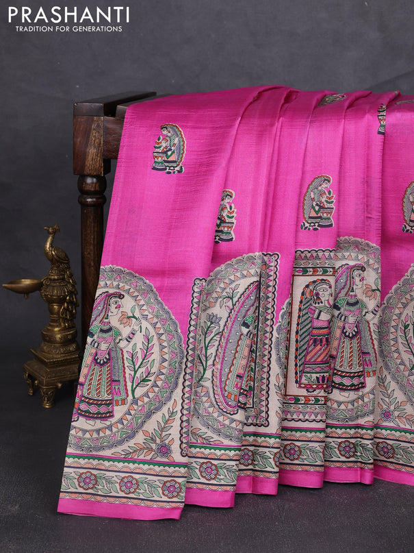 Madhubani printed silk saree pink and beige with butta prints and madhubani printed border