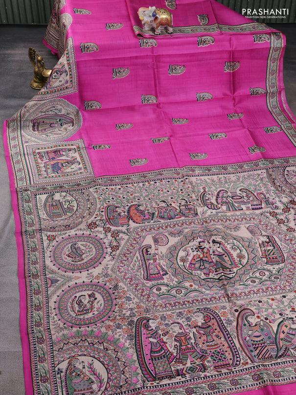 Madhubani printed silk saree pink and beige with butta prints and madhubani printed border
