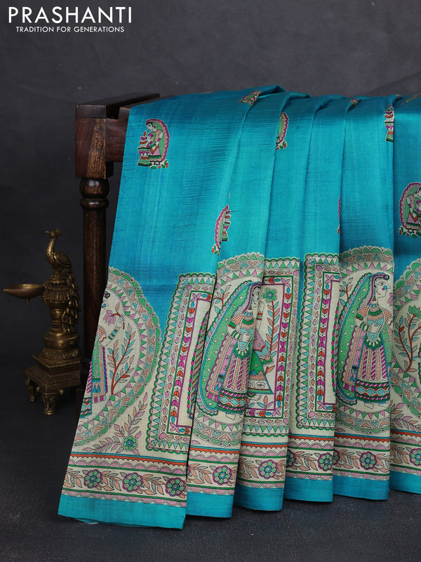 Madhubani printed silk saree teal blue and beige with butta prints and madhubani printed border