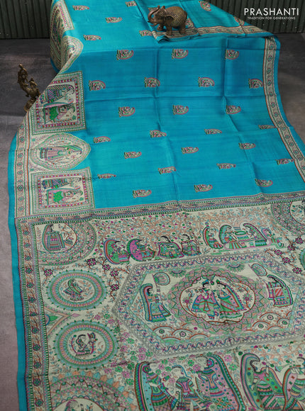 Madhubani printed silk saree teal blue and beige with butta prints and madhubani printed border
