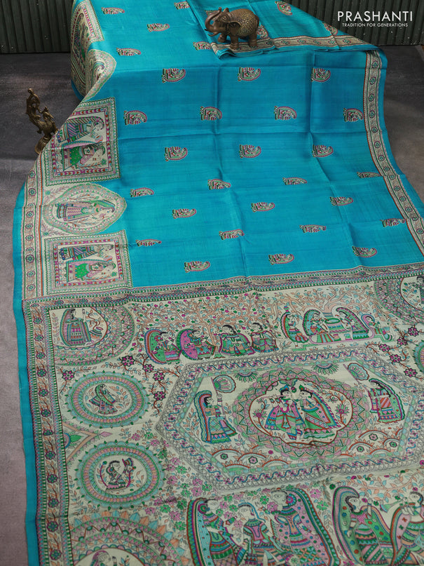 Madhubani printed silk saree teal blue and beige with butta prints and madhubani printed border