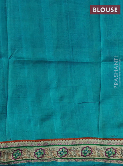 Madhubani printed silk saree teal blue and beige with butta prints and madhubani printed border