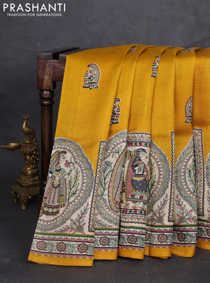 Madhubani printed silk saree mustard yellow and beige with butta prints and madhubani printed border