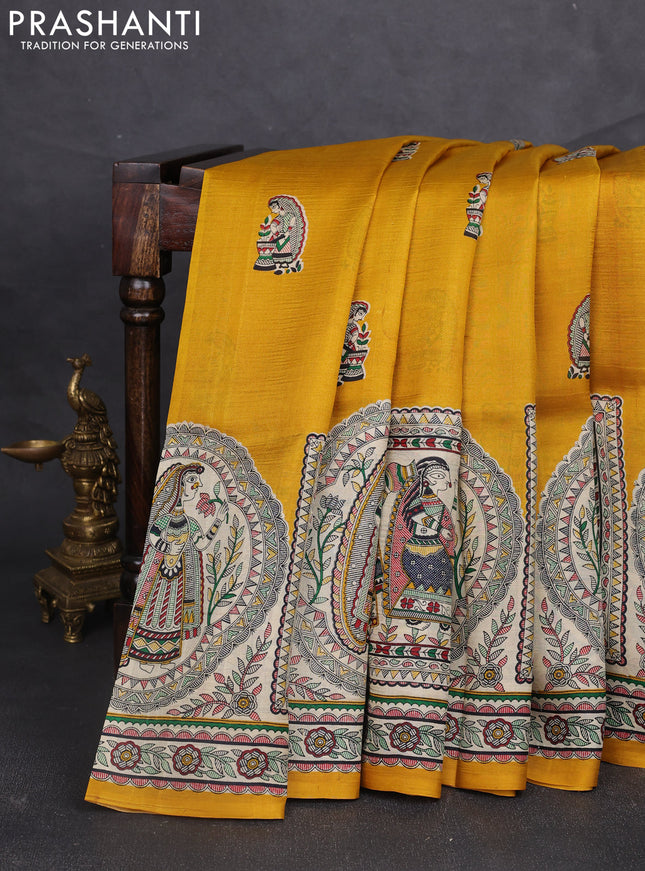 Madhubani printed silk saree mustard yellow and beige with butta prints and madhubani printed border