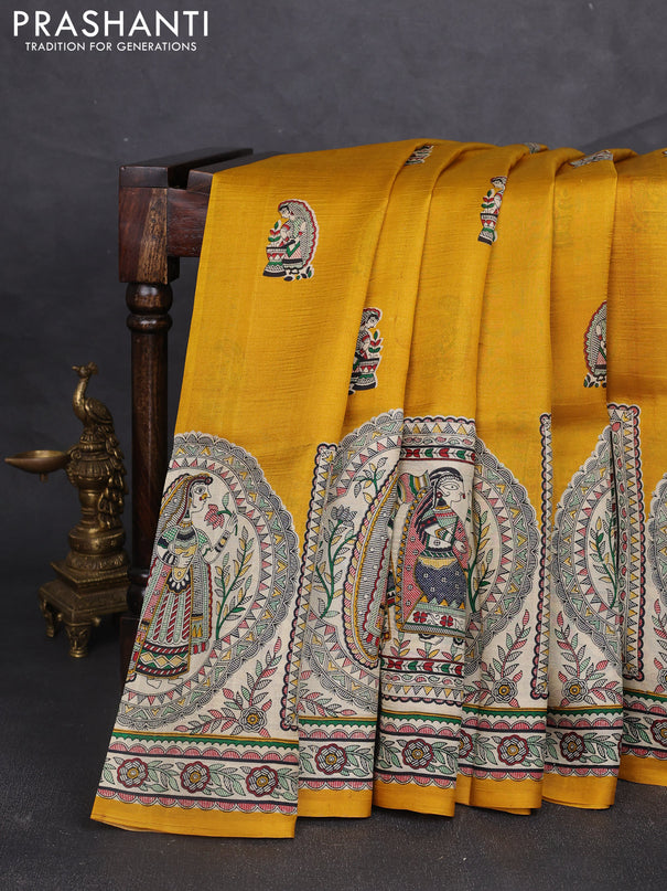 Madhubani printed silk saree mustard yellow and beige with butta prints and madhubani printed border