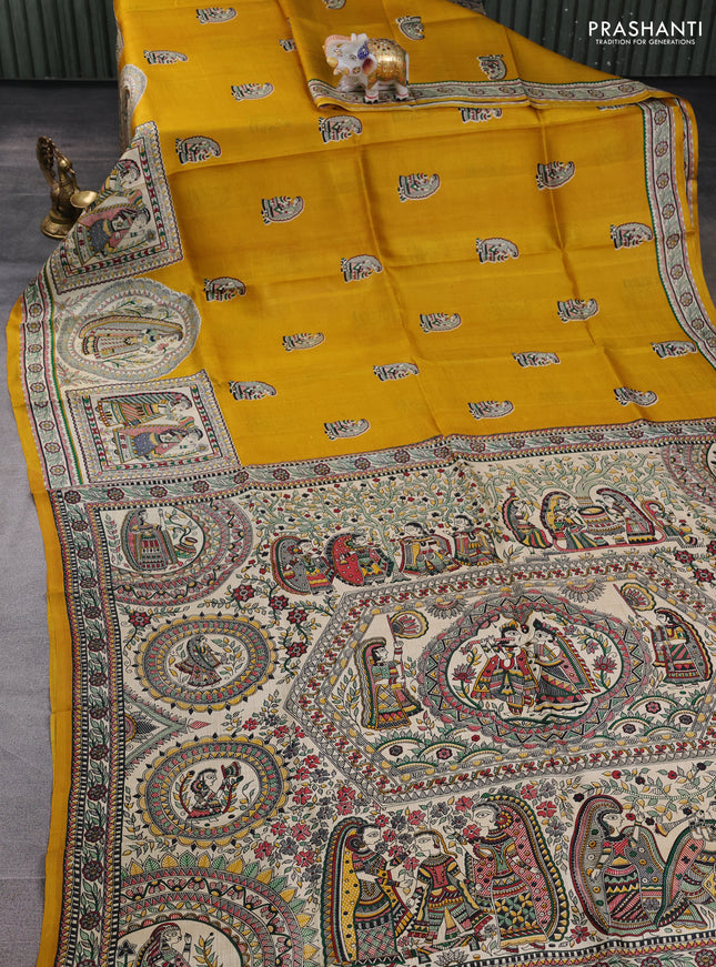 Madhubani printed silk saree mustard yellow and beige with butta prints and madhubani printed border