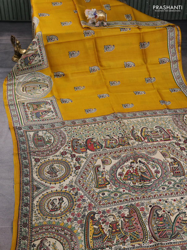 Madhubani printed silk saree mustard yellow and beige with butta prints and madhubani printed border