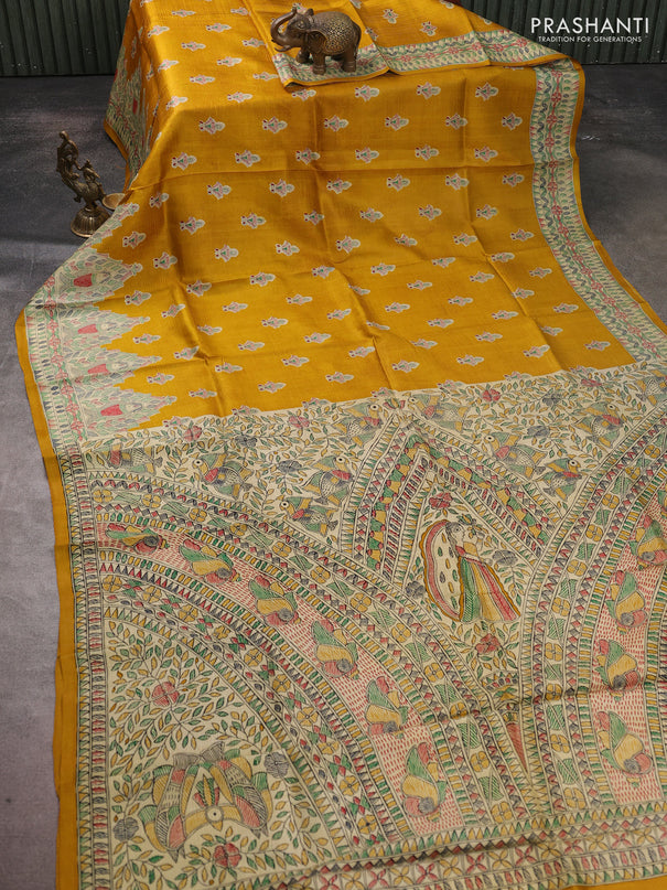 Madhubani printed silk saree mustard yellow and beige with allover butta prints and madhubani printed border