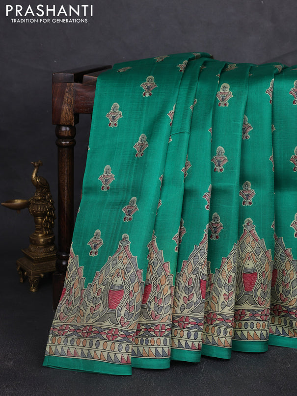 Madhubani printed silk saree teal green and beige with allover butta prints and madhubani printed border