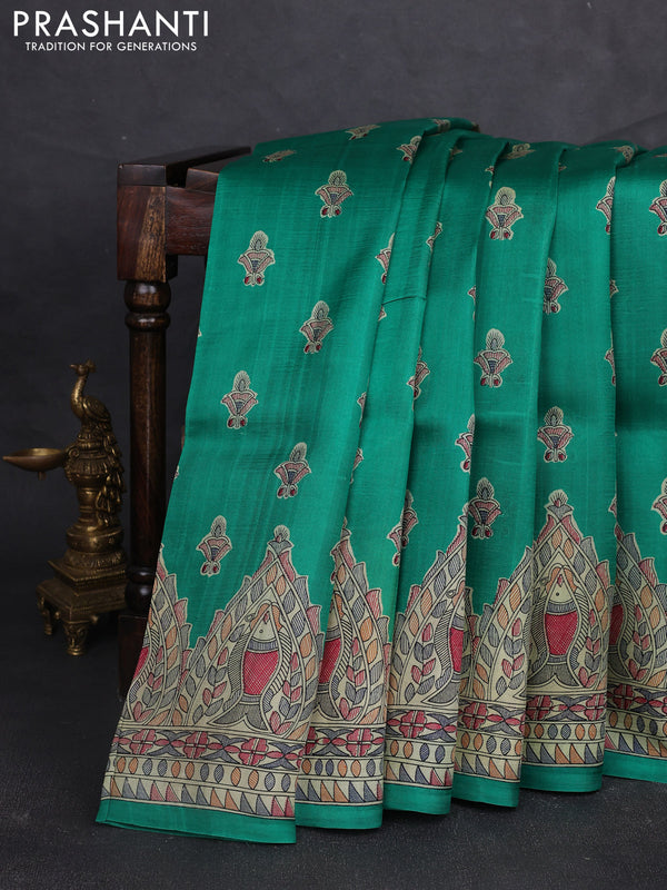 Madhubani printed silk saree teal green and beige with allover butta prints and madhubani printed border