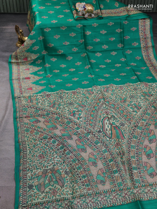 Madhubani printed silk saree teal green and beige with allover butta prints and madhubani printed border