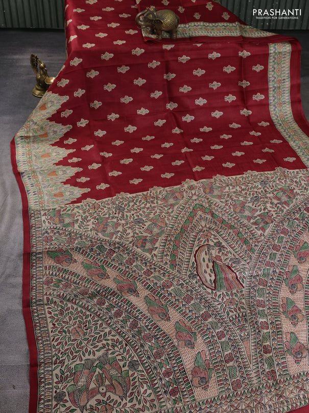 Madhubani printed silk saree maroon and beige with allover butta prints and madhubani printed border