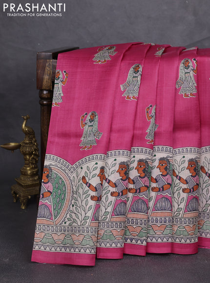 Madhubani printed silk saree dark pink and beige with butta prints and madhubani printed border