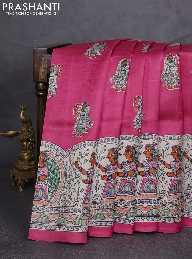 Madhubani printed silk saree dark pink and beige with butta prints and madhubani printed border