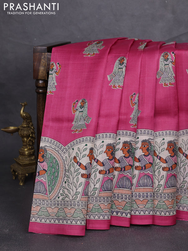 Madhubani printed silk saree dark pink and beige with butta prints and madhubani printed border