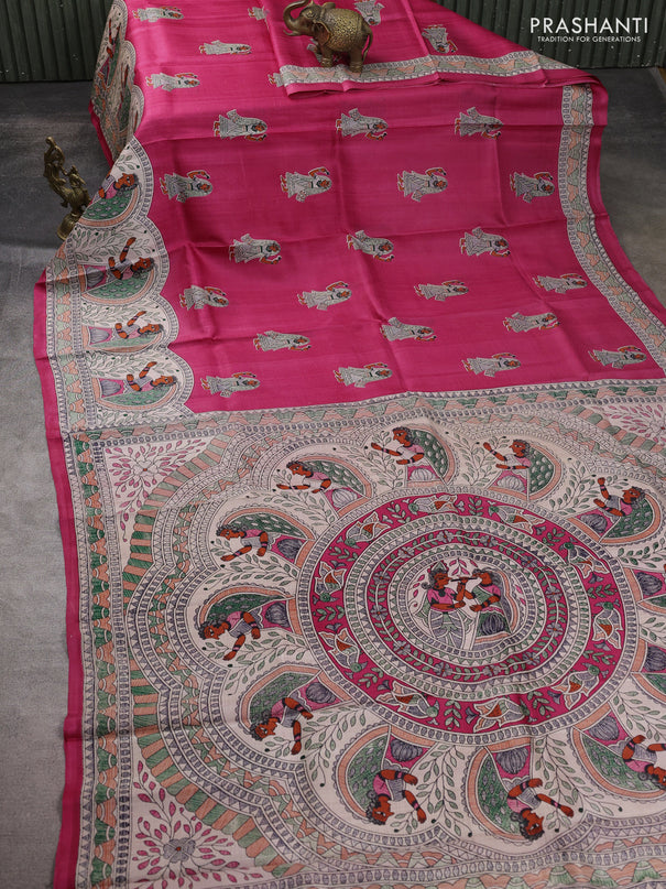 Madhubani printed silk saree dark pink and beige with butta prints and madhubani printed border