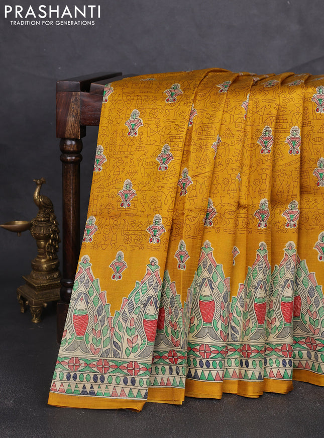 Madhubani printed silk saree mustard yellow and beige with allover warli prints and madhubani printed border