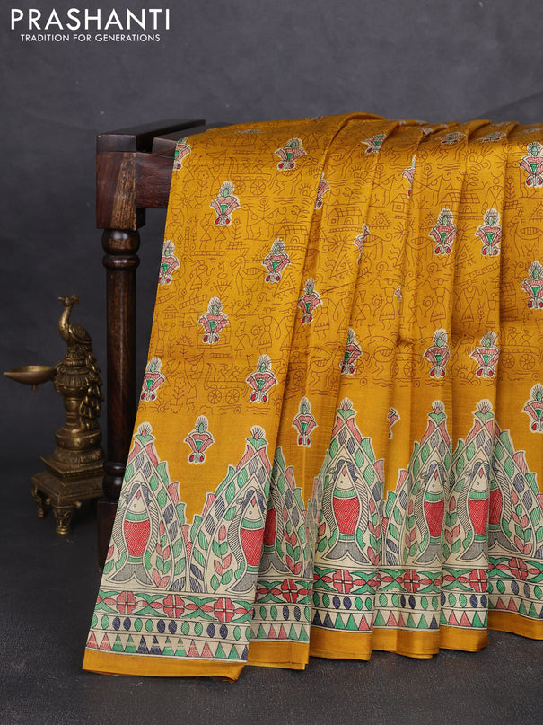 Madhubani printed silk saree mustard yellow and beige with allover warli prints and madhubani printed border