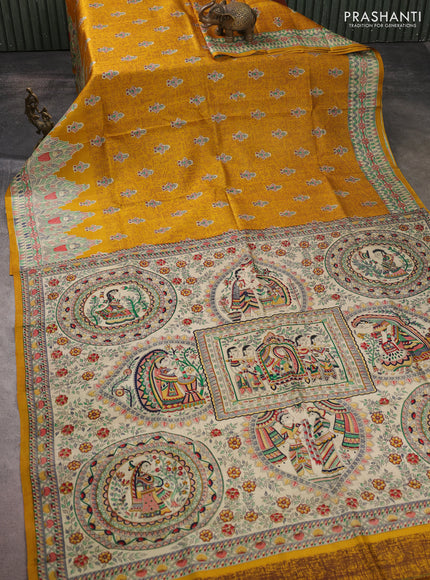 Madhubani printed silk saree mustard yellow and beige with allover warli prints and madhubani printed border