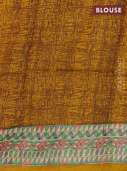 Madhubani printed silk saree mustard yellow and beige with allover warli prints and madhubani printed border