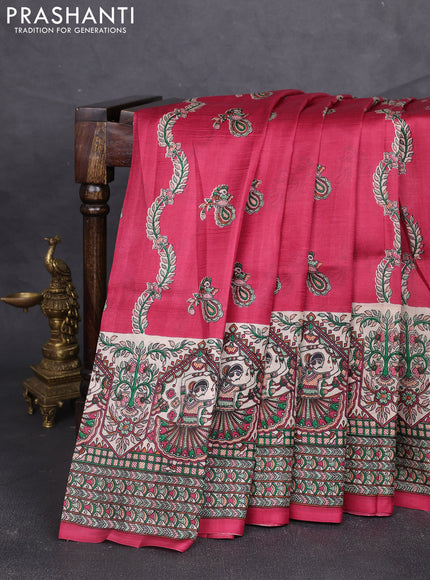 Madhubani printed silk saree dark pink and beige with allover butta prints and madhubani printed border