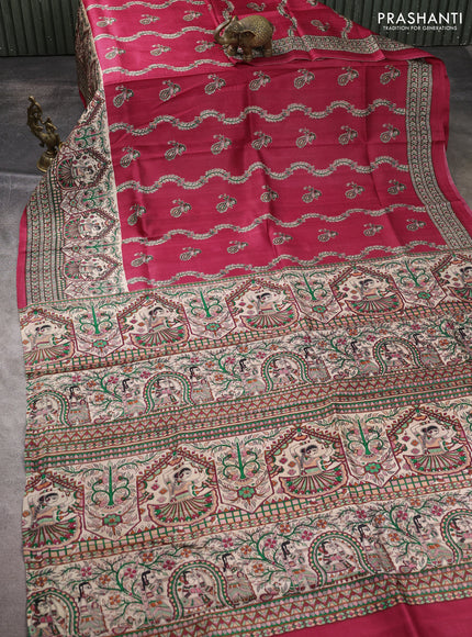 Madhubani printed silk saree dark pink and beige with allover butta prints and madhubani printed border