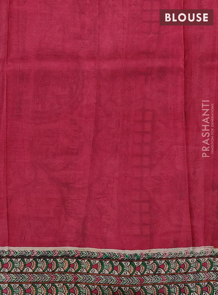 Madhubani printed silk saree dark pink and beige with allover butta prints and madhubani printed border