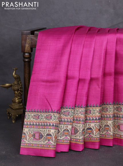 Madhubani printed silk saree pink and beige with plain body and madhubani printed border