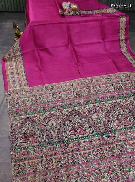 Madhubani printed silk saree pink and beige with plain body and madhubani printed border